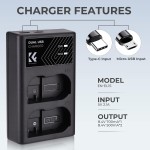 K&F Concept EN-EL15 Dual Slot Quick Battery Charger, Micro USB and Type-C Charger